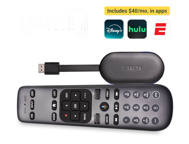 Gemini Air logo with banner reading “Includes $40/mo. in apps” above Disney+, Hulu, and ESPN icons, alongside a DIRECTV Gemini Air streaming device and remote control.